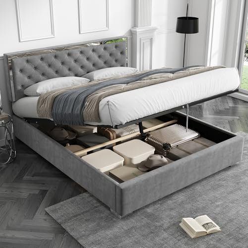 Jtyca Upholstered Bed 135 x 190 cm, 4FT6 Double Bed Frame, Ottoman Bed with Hydraulic and Storage Space, Headboard and Feet Made of Stainless Steel, No Mattress, Grey