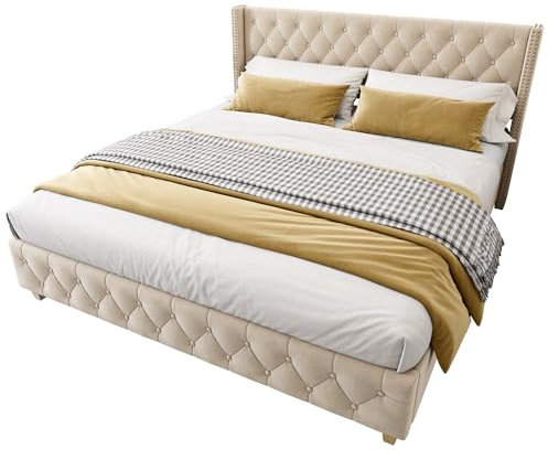 Polsterbett mit gepolstertem Kopfteil und Fußteil, Bettrahmen mit Knopfheftung, Ziernägeln, stabiler Holzlattenbasis, stilvollem Design, einfacher Montageanleitung (Hellbeige+Samt,180x200cm)
