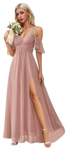 Robe de demoiselle d'honneur à volants froncés, longue, en mousseline de soie, formelle, cocktail, fête, soirée, Vieux rose, 48