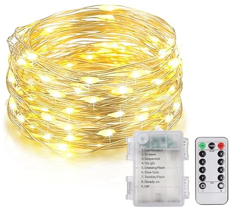 Lichterkette Batterie 10M 100LED mit Timer und Fernbedienung 8Modi Warmweiß | Silberdraht Micro Lichterkette Timer und Fernbedienung, Wasserdicht für Außen Innen Party Hochzeit Weihnachten Valentinstag