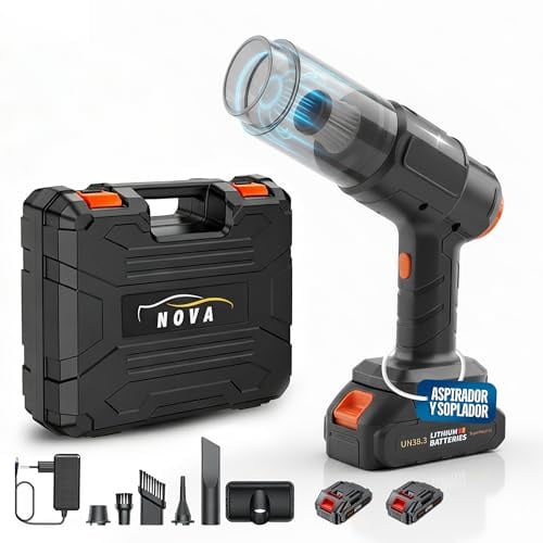 Nova - Aspirador Coche Potente - Soplador de Aire Potente y Aspirador de Mano con 19000PA 7 en 1 - Aspiradora Portatil de Motor sin Escobillas con Maletin para Oficina, Coche y Hogar