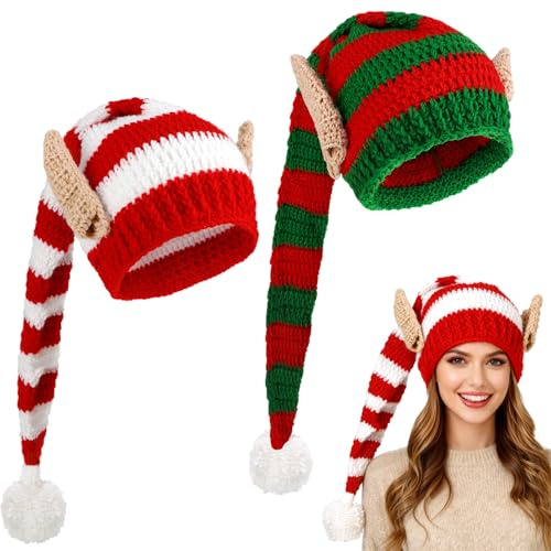 Beipegin Weihnachtsmütze Lang mit Elfenohren Winter Wärmer Häkel Strickmützen Weihnachtself Lustige Mütze Weihnachtsfeier für Herren Damen