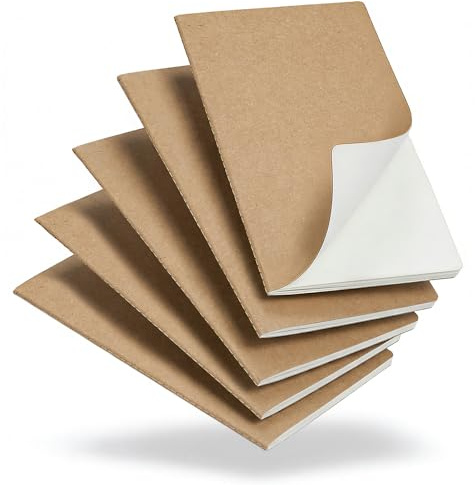 Foliom 5er A5 Blanko Notizbuch, Kraftpapier Notizheft mit Fadenbindung | 60 Seiten, 80g/m² beiges Papier, flachliegend, kompakt für Schule, Büro, Reise & Skizzen