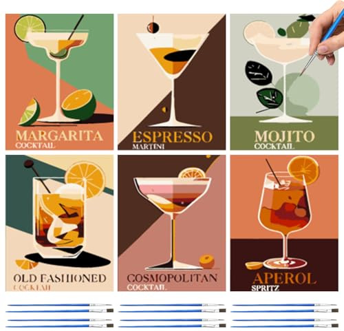GAROMIA 6 pièces Peinture par numéros pour adultes Peinture par numéros Cocktail 25 x 20 cm avec pinceaux et peintures acryliques sur toile Peinture par numéros pour enfants débutants Sans cadre