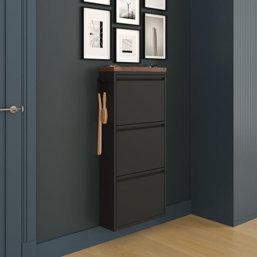 furni24 Schuhschrank Schmal – Platzsparender Metall-Schuhschrank mit Magnetklappen, Platz für 6-10 Paar Schuhe, Wandmontierbar und Vormontiert - 3 Klappen, Schwarz-Massivem Nussbaum