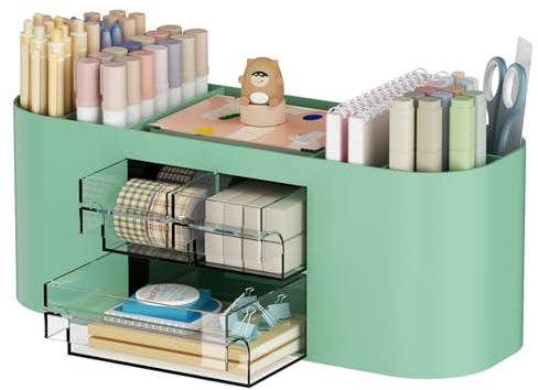 Marbrasse Schreibtisch Organizer mit 3 Schubladen,Multifunktionaler Stiftehalter,Schreibtischzubehör & Ablage mit 7 Fächern für Haus,Schule,Klassenzimmer(Grün)