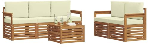 vidaXL Sofagarnituren 6 pcs Natur und Creme Massivholz Akazie, Moderne Gartenmöbel, strapazierfähiges Outdoor-Sofa, Lounge-Set für die Terrasse, bequemes Sitzen draußen