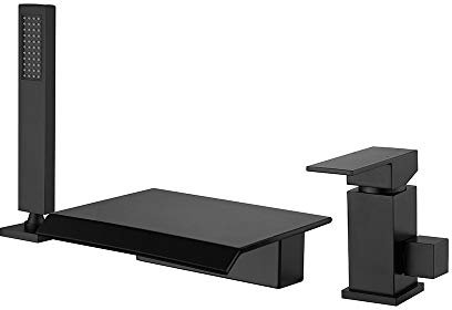 BULUXE Wasserfall Römische Badewannenarmatur in mattem schwarzem Finish, 3 Löcher, einzelner Griff, breitflächige Montage, Badewanneneinlauf und Handbrause, massives Messing