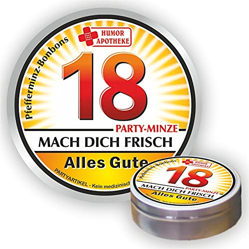 Pfefferminz Bonbon Metalldose - Zum 18. Geburtstag, mach dich frisch Alles Gute - Soforthilfe | Humorapotheke Spaßmedizin Humormedizin | Pfefferminzdragees | Dose Blechdose Pillendose