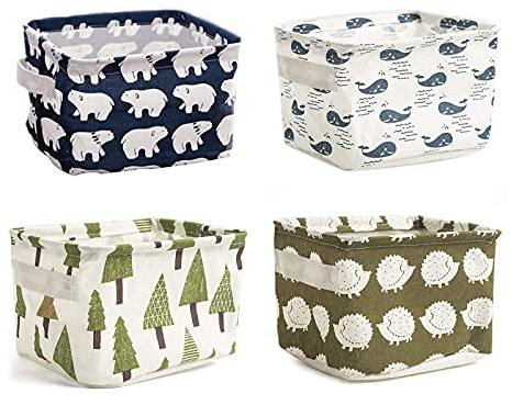 ZEACCT 4-Piece Foldable Storage Set, Square Fabric Bins in Assorted Patterns, Multi-Use Organizer for Bathroom, Makeup, Books & Home Décor, Durable Cotton Linen Material, Compact Size for Versatile Pl