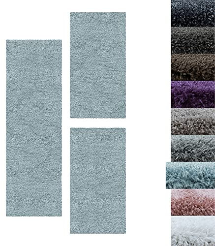 SIMPEX Bettumrandung Schlafzimmer 3teilig Shaggy Hochflor Teppich Blau Bettset: 2 mal 80x150 + 1 mal 80x250 - Schlafzimmer Teppich 3 Teilig Läufer Extra Weich Flauschig Bettvorleger Läuferset Halı