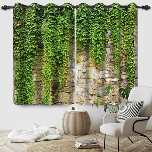 DORCEV Leaf Curtains Green Plants Ivy Window Curtains Ivy Attached to Stone Wall Spring Natural Scenery Blackout Curtains Grommet Drape for Living Room Bedroom Decor,42x63 inch,2 Panels