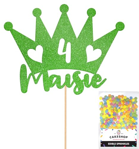 Personalised Princess Crown Glitter Cake Topper- Green Any Custom Age & Name Glitter Cake Decoration and Sprinkles - Happy Birthday Decorations - Personalised Toppers for Cakes by Cakeshop