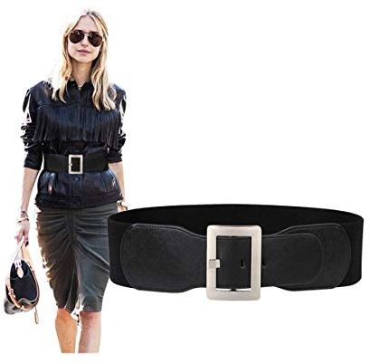 SUOSDEY Damen Elastischer Breiter Gürtel, 7.5 cm breit, Schwarz Taillengürtel Vintage mit rechteckige Schnalle