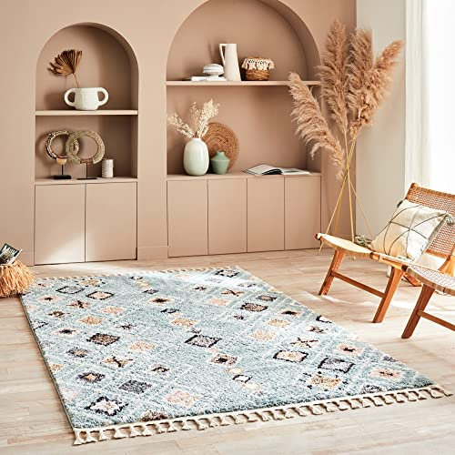 Nazar Tapis Salon, Tapis Berbere a Franges, Tapis Shaggy, Tapis Berbere Multicolore, Motifs Losanges géométriques, Lavable, Moelleux, Poils Longs (160x230 cm, 3144 Turquoise)