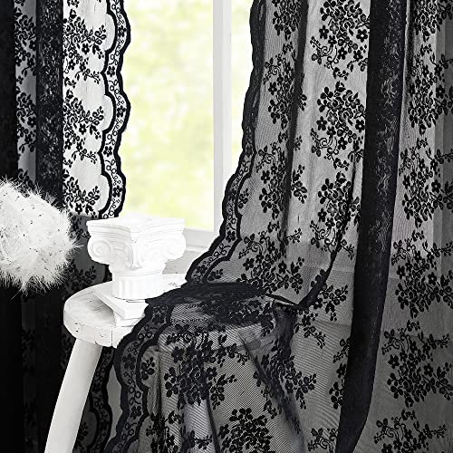 YJ YANJUN Schwarze durchsichtige Vorhänge, 213 cm lang, altmodische Gothic-Vorhänge für Wohnzimmer, viktorianische schwarze Spitze, Fenstervorhänge mit Stangentasche