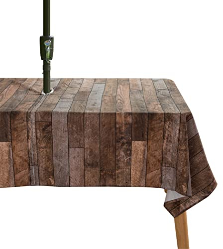 XQKXHZ Braune Holzoptik Tischdecke Wasserdicht Outdoor-Tischdecken Mit Regenschirmloch Und Reißverschluss Rechteckige Tischtuch Für Frühling Sommer Terrasse Picknick BBQS Party,153x213cm
