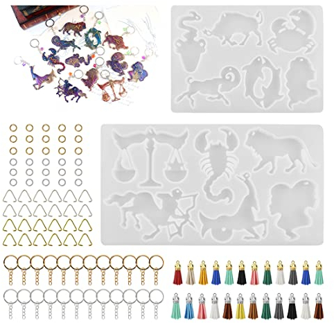 Voyyphixa 12 Sternzeichen Silikonform, Epoxidharz Form Sternbild Schlüsselanhänger, Charm Anhänger Gießform für Schmuckherstellung, mit 24 Quasten Metallzubehör