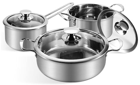 Wodillo Edelstahl Kochtopfset, 6-teiliges Topfset mit Glasdeckeln und Kühlbleibender Griff, Topf für alle Herdarten & Backofenfest, Kochgeschirrset Unbeschichtet (Silber)