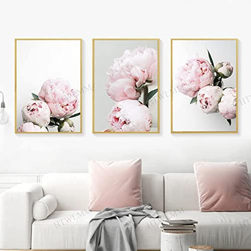 HTWLMM Rosa Pfingstrose Blumen Moderne Bilder Nordic Leinwandbild Poster 3 Set Wohnzimmer Deko Schlafzimmer Kinderzimmer Abstrakte Poster Rahmenlos (2,3X40X50CM)