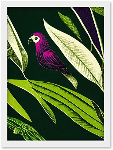 Wee Blue Coo Pink Parrot and Tropical Plant Leaves Vintage Linocut Pattern Detail Artwork Framed Wall Art Print A4