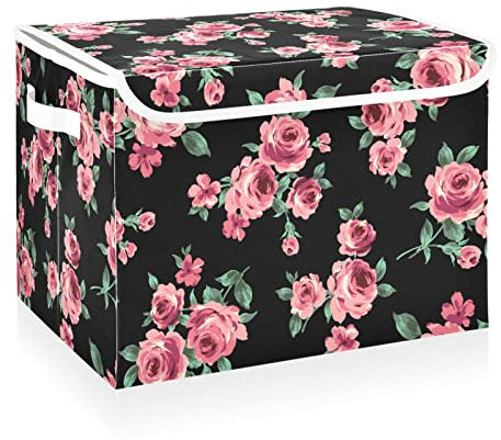 CaTaKu Große Aufbewahrungsbehälter aus Stoff mit Deckel, Blumenmuster, rosa Rose, Aufbewahrungsboxen mit Griffen zum Organisieren von Kleidung, faltbare Aufbewahrungskörbe für Regale