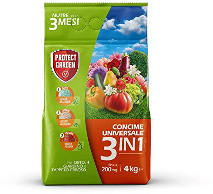 PROTECT GARDEN CONCIME GRANULARE UNIVERSALE 3in1 A LENTA CESSIONE NUTRE FINO A 3 MESI. PER ORTO&FRUTTA, PIANTE FLOREALI, ORNAMENTALI E TAPPETO ERBOSO 4Kg