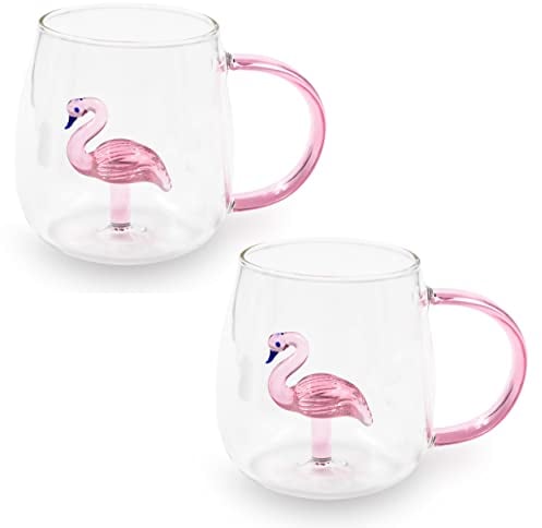 Blümelhuber 2er Set Flamingo Tasse Glas Tassen - Tee Tasse Büro - Cappuccino Tassen - Kaffee Glas Tasse Flamingo Figur
