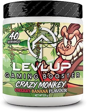 LevlUp Crazy Monkey Gaming Booster - Energy Drink für Gamer - Mit Taurin, Koffein, L-Tyrosin, Vitamin B12 - Kirsche & Banane - 320g - 40 Portionen