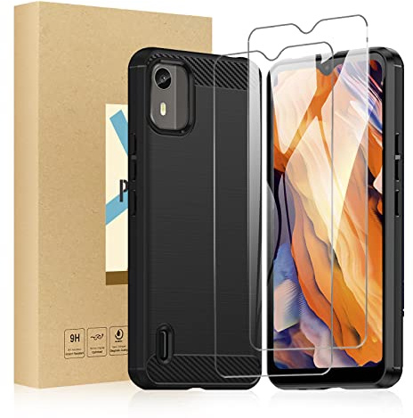 SCL Hülle Für Nokia C12 Panzer Schutz Glas und Hülle Nokia C12 Handyhülle Nokia C12, [2 Stück,9H Härte] Panzer Schutz Glas und Carbon-Faser Gebürstete Textur Design Schutzhülle [Schwarz]
