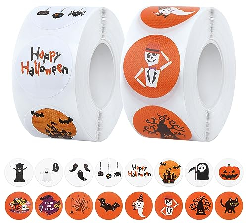 1000st Halloween Aufkleber, 16 Farben und Designs Halloween Aufkleberrolle Runde Halloween Aufkleber Kürbis Fledermaus Spinne Runde Siegeletikettenaufkleber für Partydekorationen