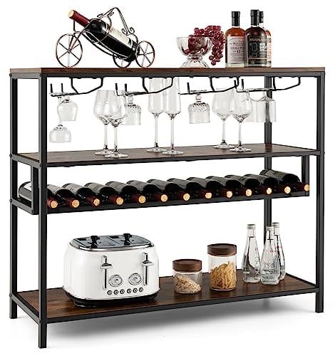 COSTWAY Wine Rack Table, 4/5-tier Freestanding Bar Cabinet with Bottles Display Shelves & Glass Holders, Industrial Storage Stand Drinks Sideboard for Kitchen Dinging Room (4 tier, 102x40x87cm)