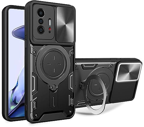 BORYA Hülle für Xiaomi 11T Pro 5G / Xiaomi 11T 5G, Ultra Dünn Militärqualität Stoßfest Schutzhülle, PC+TPU Silikon Handyhülle mit Magnetisches Metall Ring Ständer Und Kamera Cover. Schwarz
