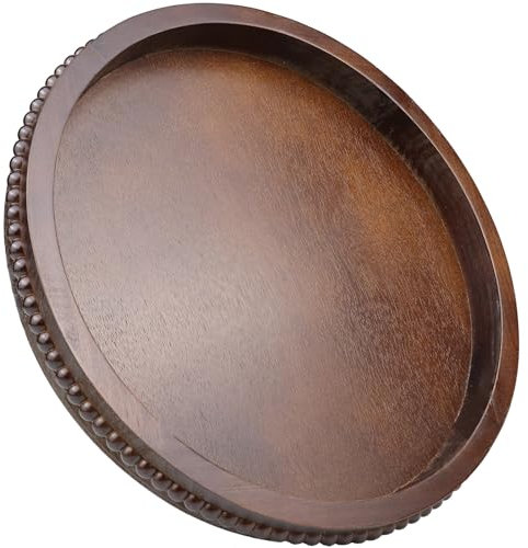 Hrastany Dekoratives Serviertablett aus Holz mit Perlen, rundes Vintage-Ottoman-Tablett für Zuhause, Theken-Organizer, 33 cm, rundes Tablett für Küche, Wohnzimmer (dunkelbraun)