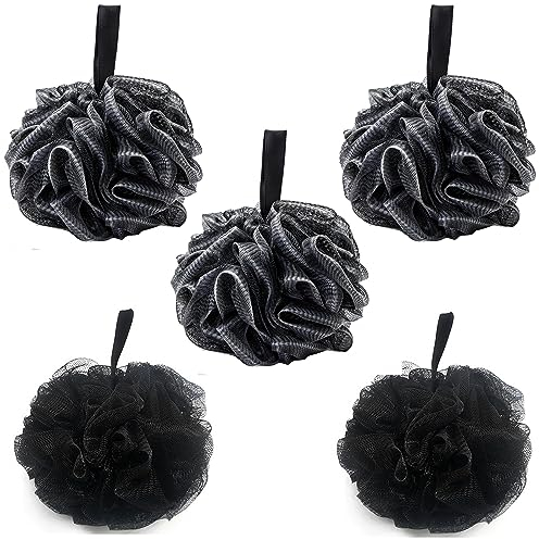YUEMING Lot de 5 Fleurs de douche, éponges de bain en luffa pour le corps - Exfolie, nettoie et apaise la peau Large Éponge de bain Noire et Blanche