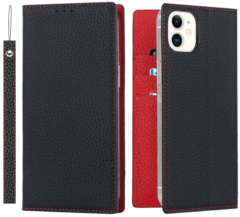 ELTEKER Custodia per iPhone 12 Mini, in vera pelle, con scomparto per carte di credito, in pelle, per iPhone 12 Mini, colore: nero