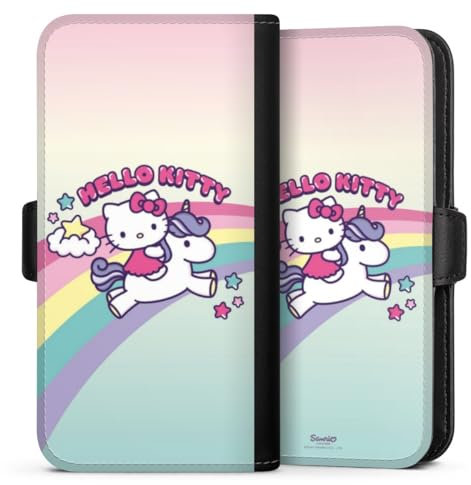 Flip Case kompatibel mit Apple iPhone 13 Handyhülle aus Kunst Leder schwarz Klapphülle Hello Kitty Unicorn Bonbon