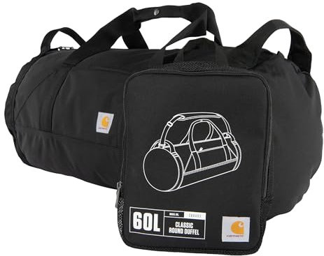 Carhartt Klassische runde Reisetasche mit Mehrzwecktasche, strapazierfähig, wasserabweisend, verstaubar, für Baustelle, Fitnessstudio und Reisen, Schwarz, 60L, 60 Liter