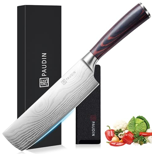 PAUDIN Nakiri Knife, 7 Inch Japanese High Carbon Stainless Steel Meat Vegetable Kitchen Knife, Multipurpose Sharp Chef Knife with Ergonomic Handle