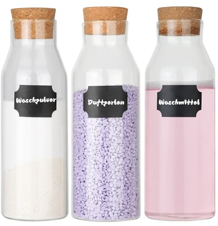 Distributeur Lessive Liquide, Lot De 3, Verre De 1.5L Scellé, avec couvercle en bois, Distributeur De Lessive, Bocal Lessive, Boite Lessive, Rangement Lessive, Pour Poudre à Laver, Adoucissant, Poudre