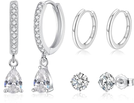 Loutade Silber Ohrringe Set - 3 Paare 925 Sterling Creolen & Ohrstecker - Knorpel Schlafen Ohrhänger Mit Zirkonia & Wassertropfen Anhänger