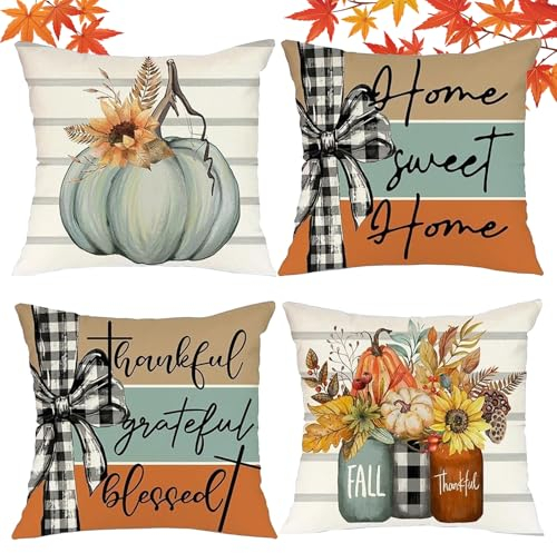 HIQE-FL Herbst Kissenbezug,4 Stüc Kürbisse Herbst Kissenbezüge 45 X 45 cm,Kissenhülle Herbst,Kissenbezüge Herbst Outdoor für Bauernhaus Thanksgiving Halloween Bettwäsche Wohnzimmer Herbst Dekoration.