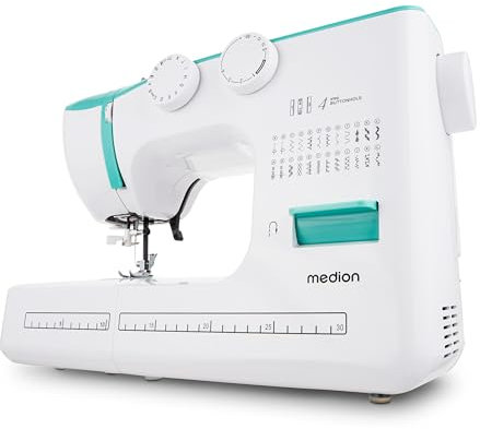 MEDION Freiarm-Nähmaschine SM60 (60 Watt, 60 verschiedene Stichmuster mit Knopflöchern, LED Nählicht, automatischer Einfädler, Rückwärtstaste, Fadenschneider, MD10689) Türkis
