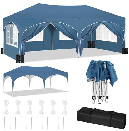 WOLTU Pavillon mit 6 Seitenteilen 4 Sandsäcke, Faltpavillon 3x6m mit Halbmonddach Tragetasche, Gartenpavillon wasserfest stabil UV-Schutz, Partyzelt Outdoor höhenverstellbar, Blau