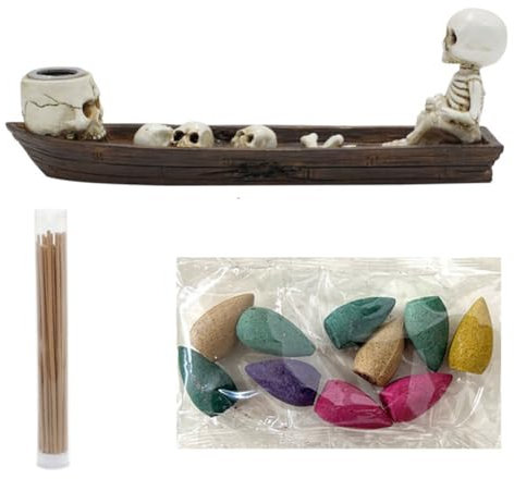 Kexpery Porte-encens en Forme de Bateau avec tête de Mort - Style Gothique - Créatif - Pêche fantôme sur Bateau - Brûleur d'encens décoratif - Statue Squelette - Support d'encens pour chambr