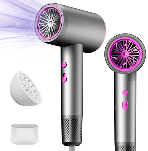 Secador de pelo, Secador de Pelo Iónico Portátil de 2000 W, 3 Calefacción/2 Velocidades con Boquillas, Secador de Pelo Ligero Profesional para el Hogar, Salón, Viajes, Mujeres y Niños (Gris)