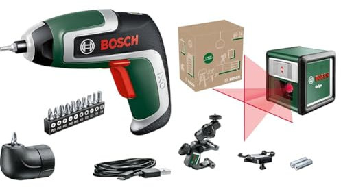 Bosch Akkuschrauber IXO (7. Generation, 3,6V, 2,0Ah, 5,5Nm, Mikro-USB-Kabel, Winkel-Aufsatz, schraubt bis 190 Schrauben) & Kreuzlinienlaser Quigo mit Universalklemme MM 2 (präzises Ausrichten)
