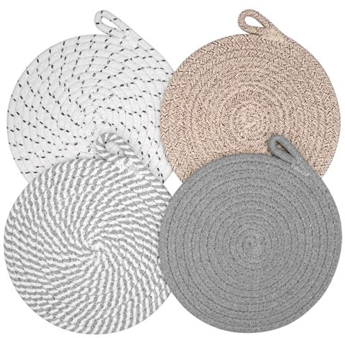 4 Pezzi Sottobicchieri Rotondi Intrecciato, 19.5 cm Sottopentola Cotone, Sottopiatti Rotondi Resistenti al Calore, Sottobicchieri Antiscivolo in Cotone, Multiuso Tovagliette Rotonde per Casa, Cucina