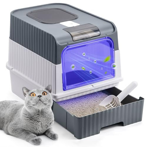 Caja de arena para gatos con esterilización UV, gran caja de arena con tapa, control de olores, caja de arena cerrada con pala y cajón, caja de arena grande, fácil limpieza, 48 x 35 x 36 cm, gris