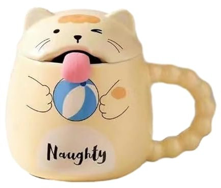 Bonita Taza de cerámica con Tapa con Forma de Gato de Dibujos Animados: Taza de café Divertida de 400 ml para Uso en la Oficina y el hogar (Amarilla)